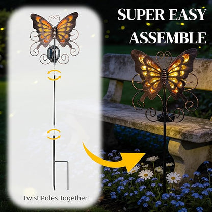 Butterfly Solar Lights for Outside, 36 inches Waterproof Metal Solar Pathway Lights, Large Solar Butterfly Lights Outdoor Garden Decor, Warm Amber LED Stake Lights Outdoor Yard