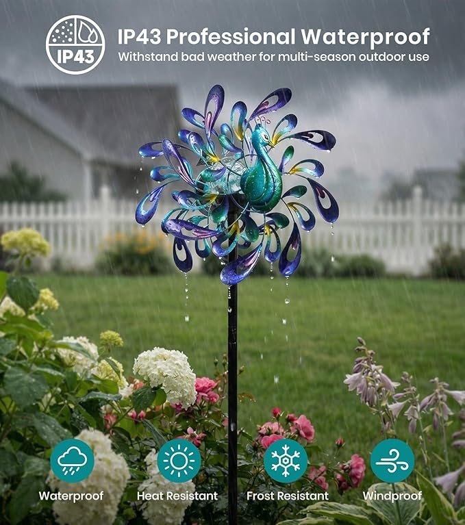 Peacock Wind Spinners Outdoor for Garden, Colorful Metal Kinetic Yard Art with Radial Motion, Decorative Outdoor Wind Sculpture for Lawn, Patio & Walkway