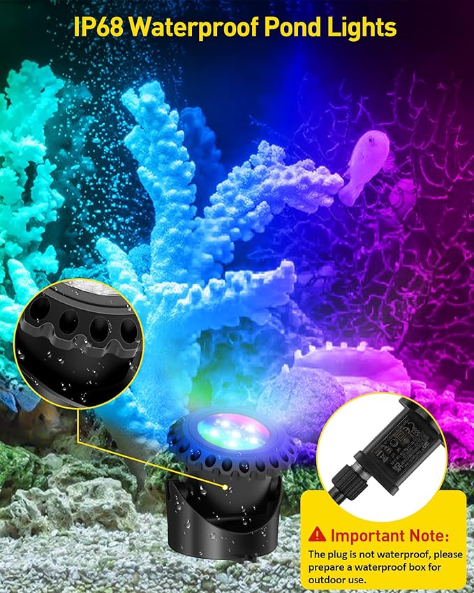 T-SUN Colored Pond Lights, Bright LED Underwater Pond Light Submersible Fountain Lights APP and Remote Control,Dimmable,Timer, IP68 Waterproof Fish Tank Light for Aquarium Fountain Garden (4-Head)