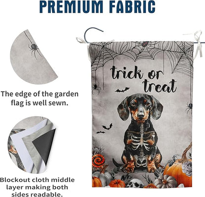 Halloween Dachshund Garden Flag Trick or Treat Yard Sign Ghost Wiener Dog Skeleton Banner for Outside 12x18 Double Sided Outdoor Lawn Decor Small