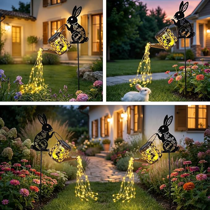 LOVERUIS Garden Statues Bunny with Solar Watering Can Lights, Cute Outdoor Bunny Figurines Garden Decor for Patio Yard Lawn Ornaments, Unique Gift for Women Mom Grandma