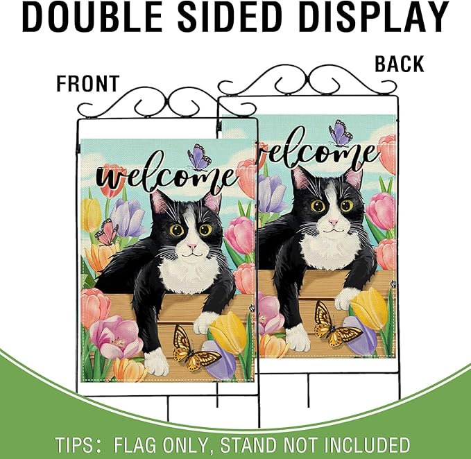 Artofy Welcome Spring Summer Tuxedo Cat Large Decorative House Flag, Tulip Flower Butterfly Yard Garden Outside Decor Pet Owner Lover Gift, Seasonal Floral Outdoor Home Decoration Double Sided 28 x 40