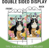 Artofy Welcome Spring Summer Tuxedo Cat Large Decorative House Flag, Tulip Flower Butterfly Yard Garden Outside Decor Pet Owner Lover Gift, Seasonal Floral Outdoor Home Decoration Double Sided 28 x 40