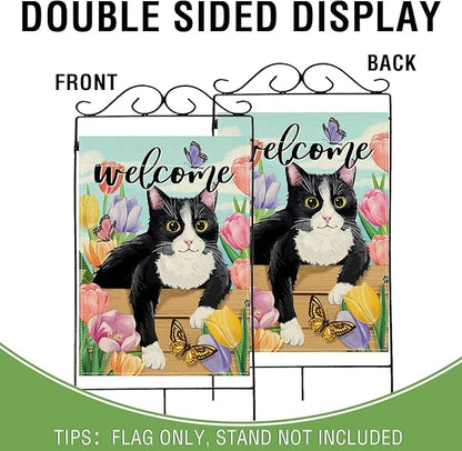 Artofy Welcome Spring Summer Tuxedo Cat Large Decorative House Flag, Tulip Flower Butterfly Yard Garden Outside Decor Pet Owner Lover Gift, Seasonal Floral Outdoor Home Decoration Double Sided 28 x 40