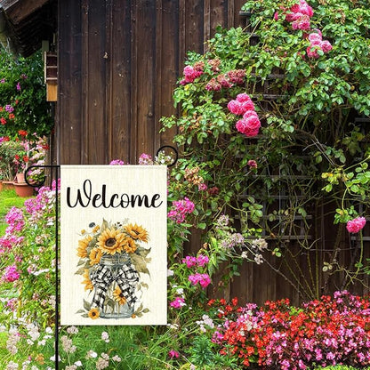 Spring Sunflower Garden Flag for Outside,Welcome Spring Garden Flag Yard Lawn Porch Flags for Outdoor Decorations 12x18 Inch Double Sided