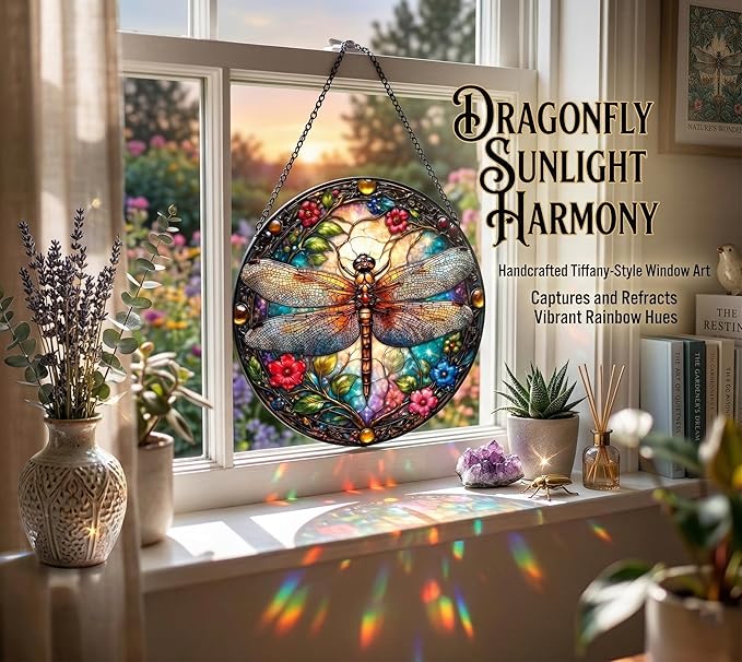 Dragonfly Stained Glass Window Hanging - Colorful Stained Glass Window Panel Decor - Sun Catchers Indoor Window Art for Home Garden, Gifts for Women Mom (6 Inch)