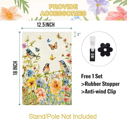 Baccessor Spring Floral Birds Garden Flag Double Sided 12.5x18 Inch Burlap with Clip and Stopper,Flower Butterflies Flag Seasonal Farmhouse Front Yard Lawn Summer Outside Outdoor Decoration