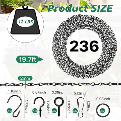 Metal Hanging Chain, 236 Inch Black Chains for Plants Metal Wire Hanging Chains with Hooks for Bird Feeders, Wind Chimes, Ornaments, Lanterns