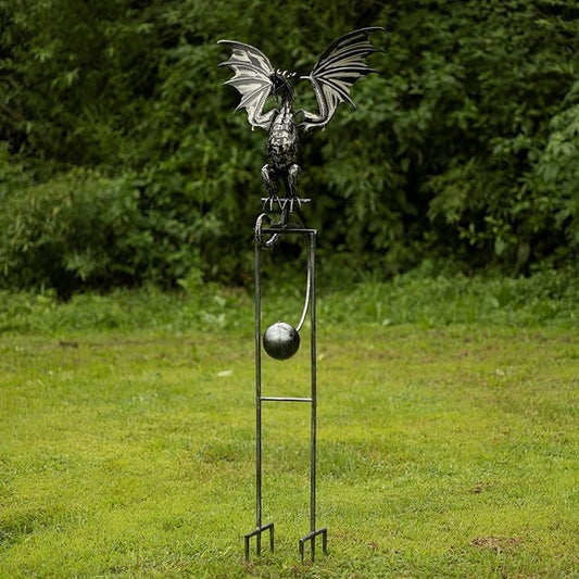 Zaer Ltd. Metal Dragon Rocking Garden Stake, Kinetic Wind Decor, Metallic Black Finish, Moving Wings (Tail Down Moonfyre)