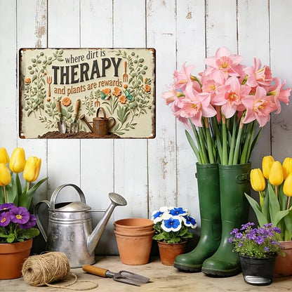 Garden Signs for Outside Where Dirt is Therapy and Plants Are Rewards,2D Flat Funny Metal Signs for Home Garden Patio Yard, Retro Gardening Gifts for Women, Wall Decor 12" x 8"