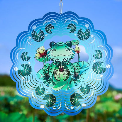 Wind Spinner Mandala 12 inch 3D Stainless Steel Laser Cut Metal Art Geometric Pattern Hanging Wind Spinner (Green Frog)