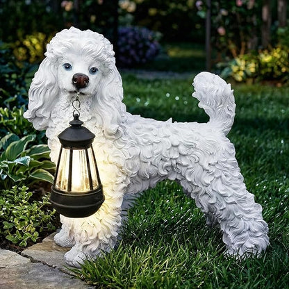 White Poodle Garden Statue with Solar Lantern & Double-Sided Welcome Sign, 14" Realistic Dog Sculpture, Waterproof Resin Poodle Figurine for Yard Lawn Patio Decor, Gift for Poodle Lovers