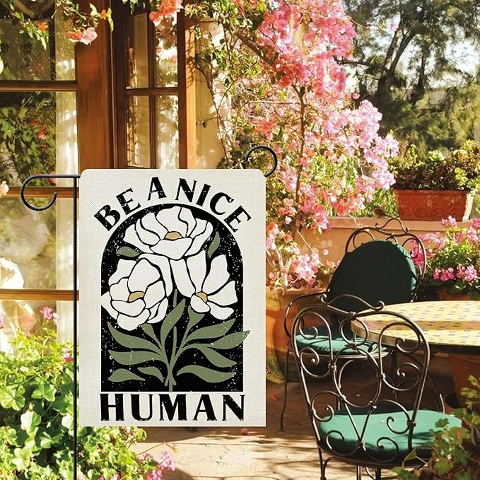 Dyrenson Inspirational Flower Decorative Garden Flag, Motivational Be A Nice Human Floral Yard Outside Home Decoration, Spring Summer Burlap Outdoor Small Decor Double Sided 12 x 18
