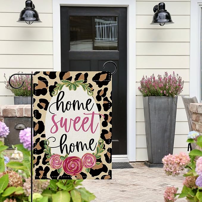 Dyrenson Home Sweet Home Leopard Print Decorative Garden Flag, Cheetah Rose Flower Yard Outside Home Decoration, Floral Burlap Outdoor Small Decor Double Sided 12 x 18