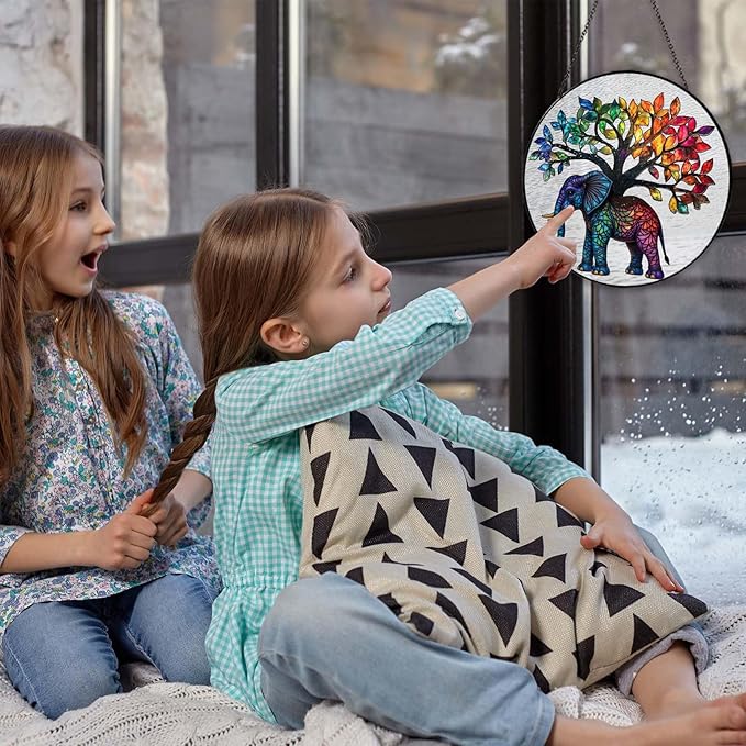 Elephant Tree Stained Glass Window Hanging Boho Animal Sun Catcher Decor Birthday Gifts for Women Christmas Elephant Suncatchers for Home Windows Hanging Decoration, 7.87inch