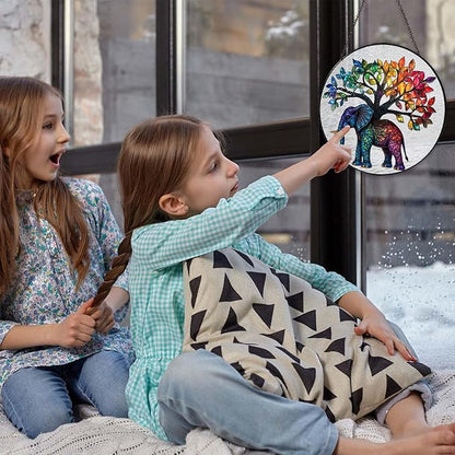 Elephant Tree Stained Glass Window Hanging Boho Animal Sun Catcher Decor Birthday Gifts for Women Christmas Elephant Suncatchers for Home Windows Hanging Decoration, 7.87inch