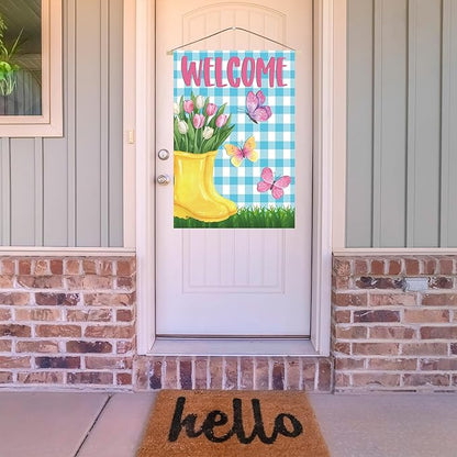 Spring House Flag 28"x40" Yellow Rain Boots with Tulips Butterflies Blue Gingham Welcome Double Sided Garden Decor for Yard Porch Outdoor