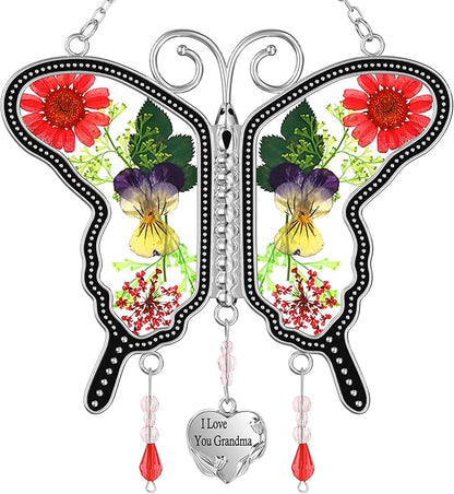 KY&BOSAM Suncatcher Butterfly Glass I Love You Grandma Suncatchers Ornament hangings for Windows Wind Chime with Pressed Flower Butterfly Embedded in Glass Mother`s Day Birthdays