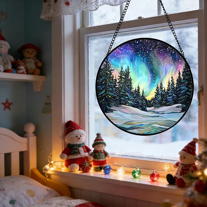 DASTOLL Stained Glass Window Hanging, Aurora Landscape Sun Catchers Glass Panel Green Trees Suncatcher Decor for Birthday for Women, Men, Wife, Aunt, and Mom 14.9x14.9 in