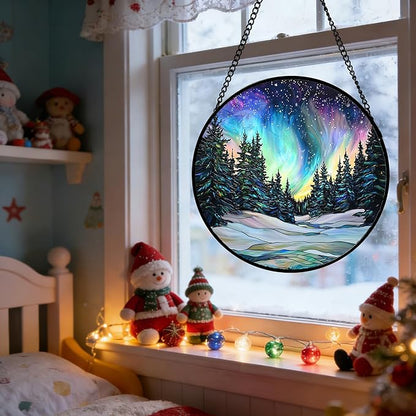 DASTOLL Stained Glass Window Hanging, Aurora Landscape Sun Catchers Glass Panel Green Trees Suncatcher Decor for Birthday for Women, Men, Wife, Aunt, and Mom 14.9x14.9 in