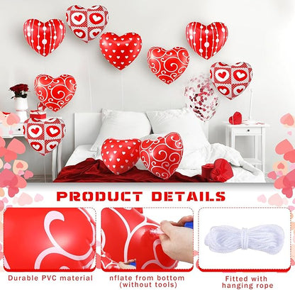 12 Pcs 12 Inch Valentine's Day Inflatable Heart Outdoor Decorations Large Valentine Heart Inflatable Hanging Ornaments PVC Love Outdoor Yard Decor for Wedding Anniversary