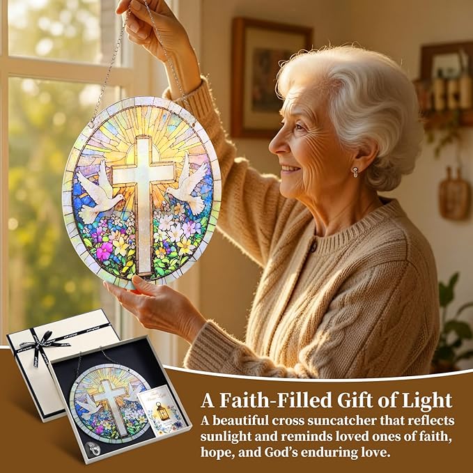 Shihanee 4 Pcs Christian Cross Suncatcher for Window Hanging with Blessing Card Gift Box Hook Acrylic Cross Pigeon Sun Catcher Religious Faith Gifts for Home Window Garden Memorial Decor
