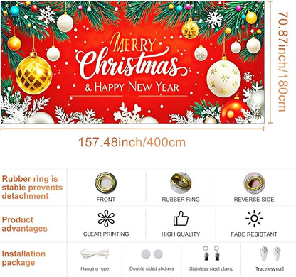 IVN Christmas Garage Door Cover Decoration 13x6ft Gold and White Baubles Red Snowflake Design Merry Christmas Winter Garage Door Banner Home Door Front Yard Decor for Xmas Eve Holiday Outdoor