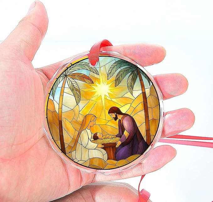 Nativity Stained Glass Ornament 2025 - Holy Family Christmas Tree Ornament, Glass Sun Catcher Window Hanging, Religious Christian Catholic Gift, Manger Scene with Bethlehem Star Keepsake(L-8)