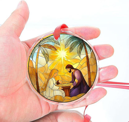 Nativity Stained Glass Ornament 2025 - Holy Family Christmas Tree Ornament, Glass Sun Catcher Window Hanging, Religious Christian Catholic Gift, Manger Scene with Bethlehem Star Keepsake(L-8)