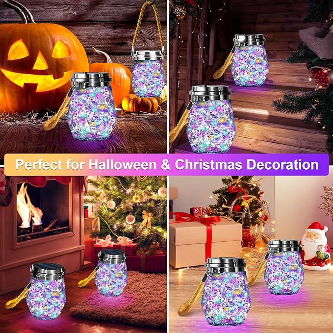 Solar Lantern, Hanging Solar Lights Outdoor Waterproof 2 Pack, Upgraded 60 LED Lanterns Decorative Outdoor, Garden Decor for Patio Path Backyard Christmas Halloween, Multicolor