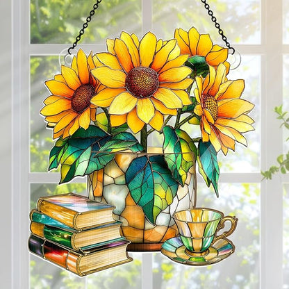 Jesuspirit - Window Hanging Suncatcher – Crystal Clear Acrylic & Wood Sun Catcher for Home Decor, for Women (Nostalgic Sunflowers, Books, and Tea, 8 Inches)