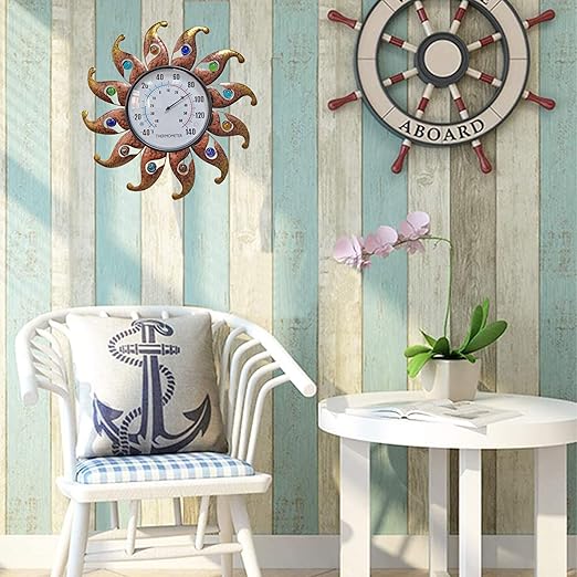 Metal Sun Thermometer Indoor Outdoor Wall Art Decor, Sun with Glass Ball Plaque Sculpture Hanging Mounted for Living Room Bedroom Kitchen Workroom Patio Garden, No Battery Required
