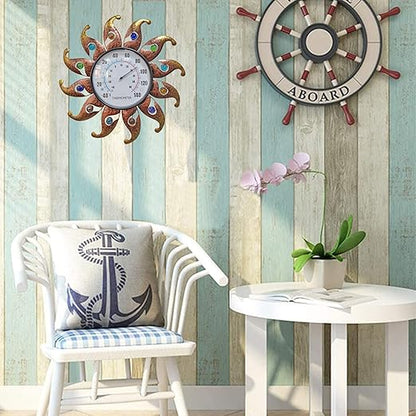 Metal Sun Thermometer Indoor Outdoor Wall Art Decor, Sun with Glass Ball Plaque Sculpture Hanging Mounted for Living Room Bedroom Kitchen Workroom Patio Garden, No Battery Required