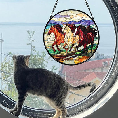 DASTOLL Stained Glass Window Hanging, Colorful Landscape Running Horse Suncatcher for Doors Window Home Sun Catchers Decoration Mother's Day Birthday Gifts for Women, Men, and Mom 7.8x7.8 in
