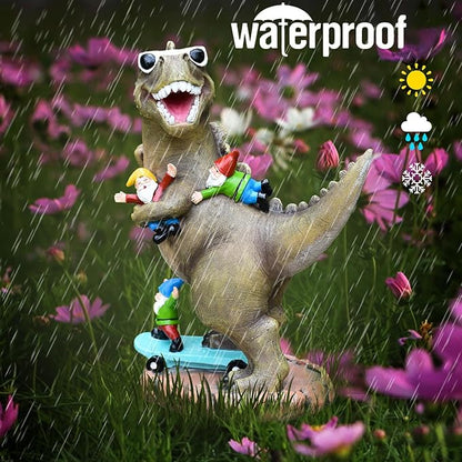 Garden Statue Outdoor Decoration, Cool Dinosaur Play Skateboard with Gnomes Figurines, Indoor Outdoor Decor Art for Patio Lawn Yard, Housewarming Garden Gift…