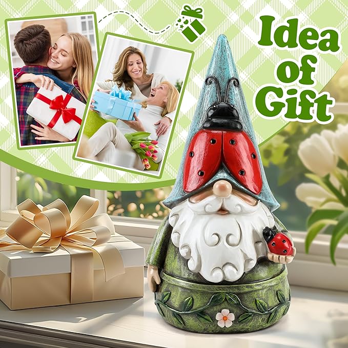 Garden Ladybug Gnome Statues Outdoor Decor for Patio, Yard, Lawn, Porch, Home, Table, Spring Summer Ladybug Gnomes Figurines 7.3" Tall Elf Ornament Gifts for Mother Women