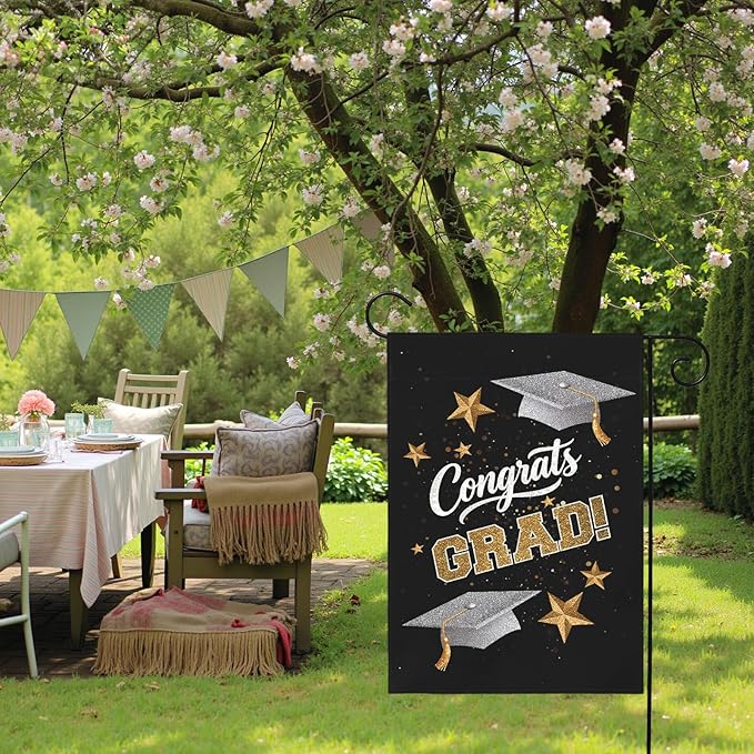 Congrats Grad Garden Flag Graduation Yard Flags Class of 2025 College Graduations Double Sided Graduational Cap Stars Black Gold House Banner for Lawn Porch Patio Yard Party Decor 12 x18 Inch