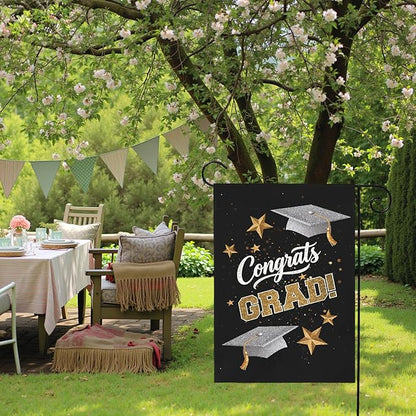 Congrats Grad Garden Flag Graduation Yard Flags Class of 2025 College Graduations Double Sided Graduational Cap Stars Black Gold House Banner for Lawn Porch Patio Yard Party Decor 12 x18 Inch