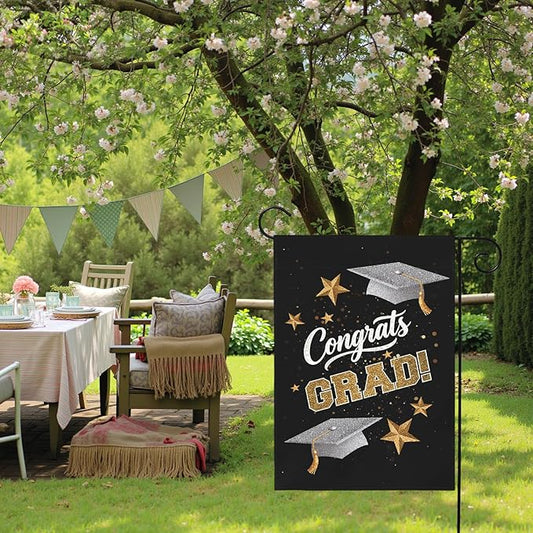 Congrats Grad Garden Flag Graduation Yard Flags Class of 2025 College Graduations Double Sided Graduational Cap Stars Black Gold House Banner for Lawn Porch Patio Yard Party Decor 12 x18 Inch