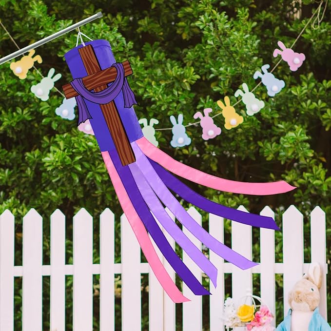 40 Inches Easter Christian Cross Windsock Decorations, Hanging Outdoor Religious Decor with Purple Streamers and Wooden Cross Design, Inspirational Wind Sock Ornament for Church, Outside Garden Yard