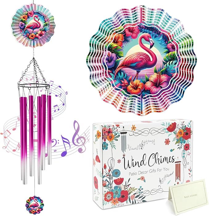 Flamingo Wind Spinner Chime - 6 Inch Hawaiian Style 3D Outdoor Hanging Decor, Tropical Floral Metal Garden Spinner Chime Gift for Women, Kinetic Wind Art Ornament for Yard Patio Balcony