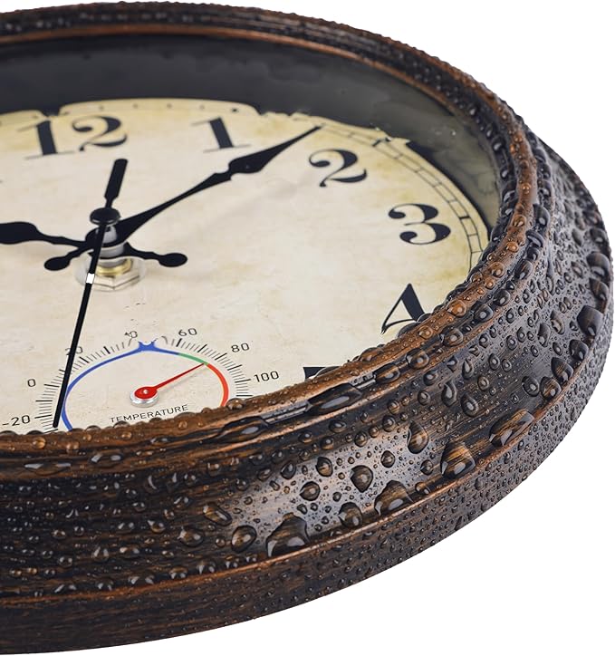 Outdoor Clocks Waterproof with Thermometer Combo Vintage Rustic Wall Clock for Patio Pool Bathroom Kitchen(8 Inch,Bronze)