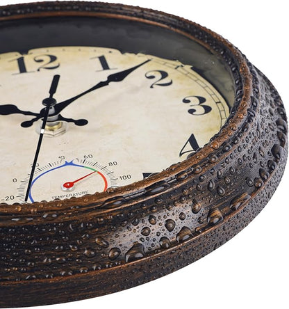 Outdoor Clocks Waterproof with Thermometer Combo Vintage Rustic Wall Clock for Patio Pool Bathroom Kitchen(8 Inch,Bronze)