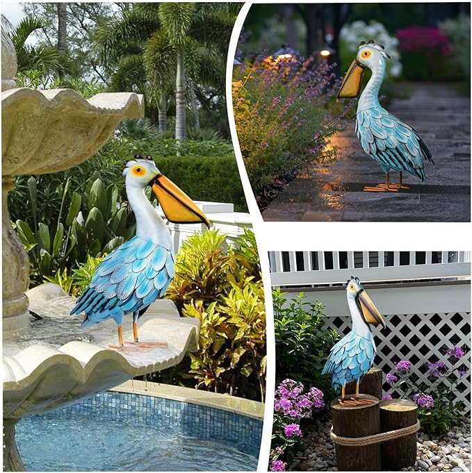 Metal Pelican Garden Statues, Light Blue Pelican Coastal Decor for Outdoor Yard Beach Lawn Patio Pool Display (Color-1)