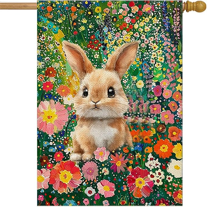 Easter Bunny House Flag 28x40 Double Sided, Colorful Floral Flowers Burlap Large Garden Yard Flag for Farmhouse Holiday Outside Spring Summer Decoration