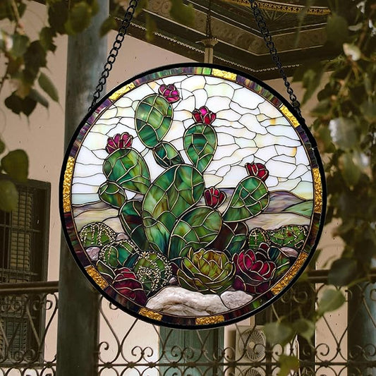 DASTOLL Stained Glass Window Hanging,Green Cactus Purple Flowers Suncatcher Diamond Glass Panel Sun Catchers Decor for Birthday for Women, Men, Wife, Aunt, and Mom 14.9x14.9 in