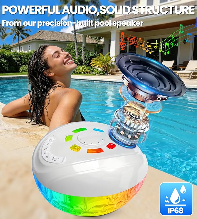 Luxfero 3 in 1 Floating Pool Fountain with Pool Speaker & Lights,2026 New Rechargeable Pool Fountain,Floating Bluetooth 5.4 Speaker IP68 Waterproof,Above Ground Pool Water Fountain with Anchor-White