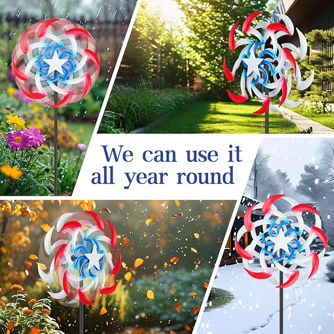 Wind Spinners Outdoor Metal with Patriotic, American Flag Pinwheel Decorations with Metal Stake, Yard Art Decor for Patio, Lawn & Garden, Creative Gifts 57.5 * 13 Inch