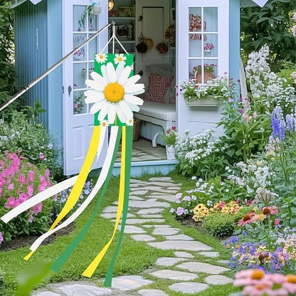 40 Inches 3D Daisy Windsock Decoration, Dimensional Hanging Outdoor Wind Sock with Green, White, and Yellow Streamers for Garden, Yard, Porch, Spring and Floral-Themed Party Decor