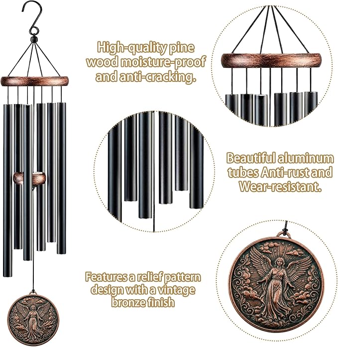 Angel Wind Chimes for Outside, Memorial Sympathy Gifts for Loss of Loved One, Deep Tone Windchime with 3D Embossed Guardian Angel Design for Garden Patio Porch Yard Décor